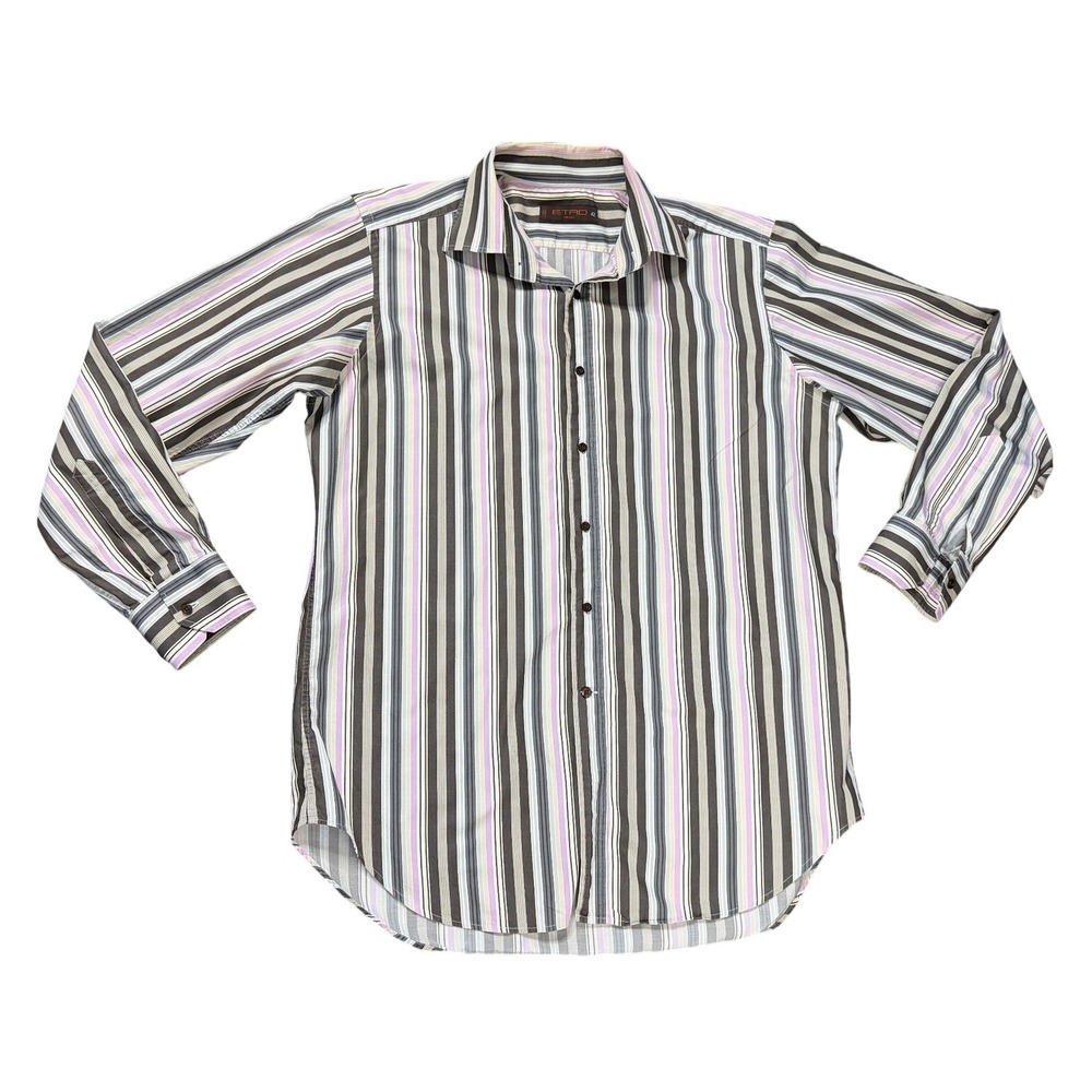Etro Milano Mens Striped Button Down‎ Shirt Brown Grey Lavender Made in Italy 42